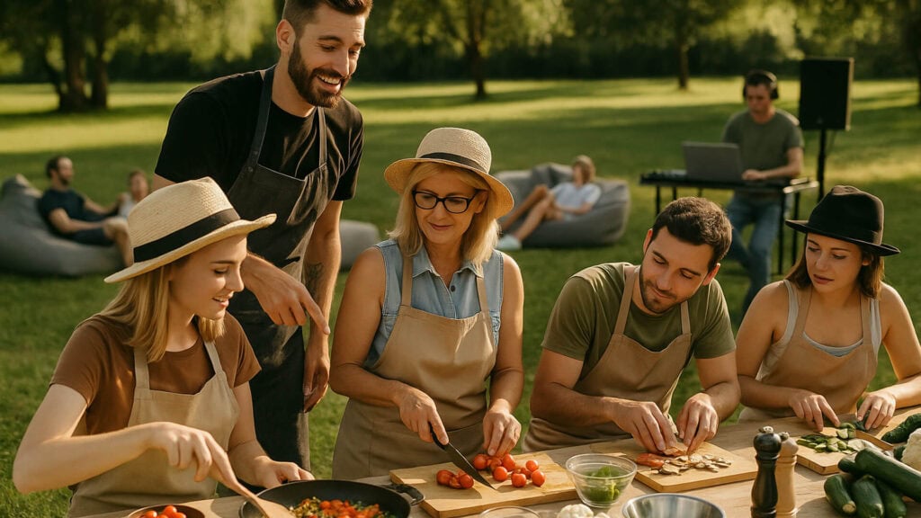Przyjęcie na świeżym powietrzu, grupa dorosłych i młodzieży gotuje razem na pikniku w parku.
