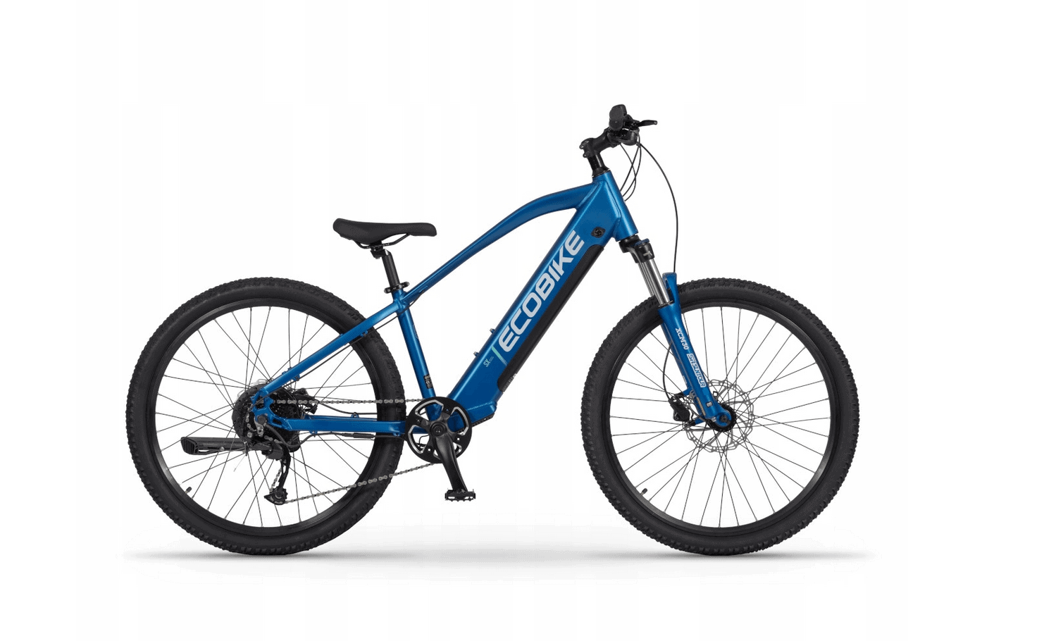 Ekodynamiczny rower górski marki EcoBike w kolorze niebieskim, doskonały do jazdy w terenie i rekreacji na świeżym powietrzu.