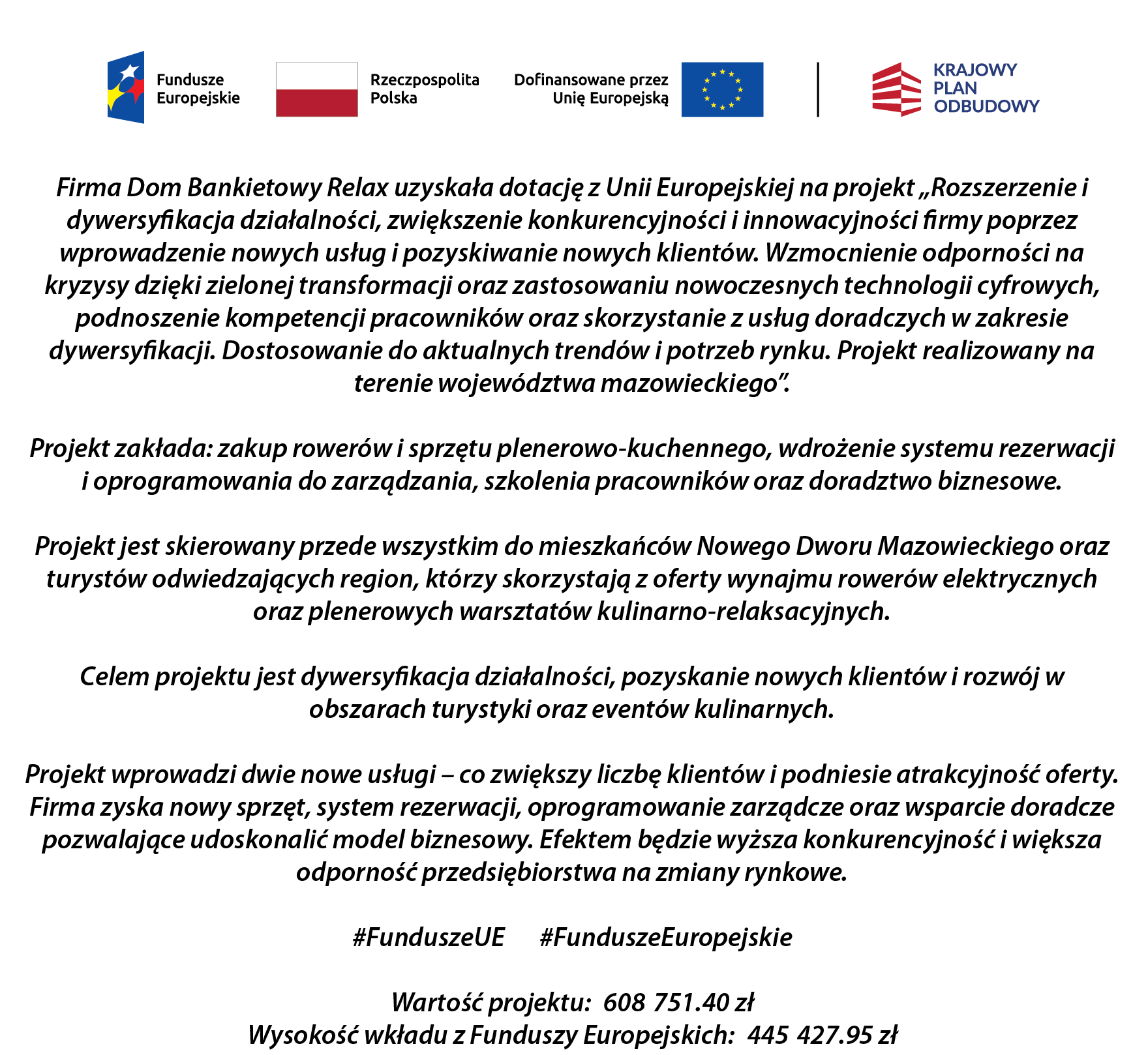 Nowa strona relaxwterenie.pl z ofertą gastronomiczną i turystyczną, obejmująca restauracje, wypożyczalnie rowerów i warsztaty kulinarne.